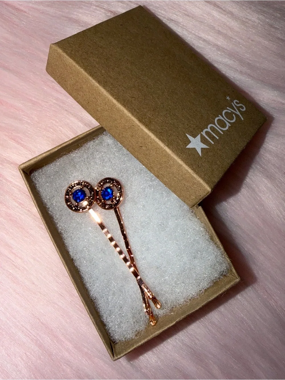 Macy's Rose Gold Bobby Pins with Blue Crystal Centers